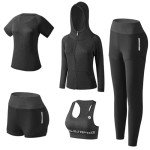 XPINYT 5pcs Workout Outfits for Women Athletic Sets Sport Suits Yoga Gym Fitness Exercise Clothes Jogging Tracksuits(Black 03,XL)