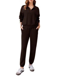 PINSPARK Womens 2 Piece Tracksuit 2024 Fall Travel Outfits Long Sleeve Lounge Matching Set Half Zip Sweatshirt Jogger Sweatpants,Coffee Small