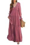 R.Vivimos Long Sleeve Flowy Maxi Dress - Dark Pink