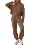 ANRABESS Womens 2 Piece Outfits Lounge Sets Cropped Sweatshirt & Joggers Fashion Sweatsuit Sweat Set 2024 Fall Travel, Brown, Medium