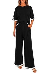 MASCOMODA Womens Summer 2 Piece Outfits Crewneck Short Sleeve Tops Wide Leg Long Pants Matching Lounge Sets Tracksuit, Black, XX-Large