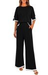 MASCOMODA Womens Summer 2 Piece Outfits Crewneck Short Sleeve Tops Wide Leg Long Pants Matching Lounge Sets Tracksuit, Black, XX-Large