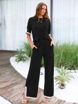 MASCOMODA Womens Summer 2 Piece Outfits Crewneck Short Sleeve Tops Wide Leg Long Pants Matching Lounge Sets Tracksuit, Black, XX-Large