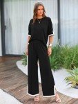 MASCOMODA Womens Summer 2 Piece Outfits Crewneck Short Sleeve Tops Wide Leg Long Pants Matching Lounge Sets Tracksuit, Black, XX-Large