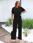 MASCOMODA Womens Summer 2 Piece Outfits Crewneck Short Sleeve Tops Wide Leg Long Pants Matching Lounge Sets Tracksuit, Black, XX-Large