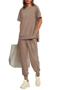 PRETTYGARDEN Women's Summer 2 Piece Outfit Tracksuits Casual Short Sleeve Tops High Waisted Sweatpants Set (Khaki,Large)