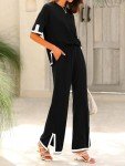 MASCOMODA Womens Summer 2 Piece Outfits Crewneck Short Sleeve Tops Wide Leg Long Pants Matching Lounge Sets Tracksuit, Black, XX-Large