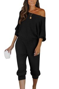 PRETTYGARDEN Women's 2 Piece Ribbed Tracksuit Outfits Off Shoulder Long Sleeve Pullover Long Pants with Pockets (Black,Medium)