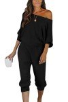 PRETTYGARDEN Women's 2 Piece Ribbed Tracksuit Outfits Off Shoulder Long Sleeve Pullover Long Pants with Pockets (Black,Medium)