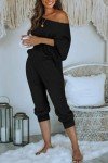 PRETTYGARDEN Women's 2 Piece Ribbed Tracksuit Outfits Off Shoulder Long Sleeve Pullover Long Pants with Pockets (Black,Medium)