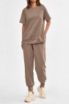 PRETTYGARDEN Women's Summer 2 Piece Outfit Tracksuits Casual Short Sleeve Tops High Waisted Sweatpants Set (Khaki,Large)