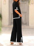 MASCOMODA Womens Summer 2 Piece Outfits Crewneck Short Sleeve Tops Wide Leg Long Pants Matching Lounge Sets Tracksuit, Black, XX-Large