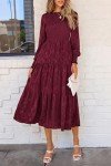 Wine Red Floral Long Sleeve Midi Dress