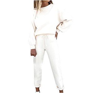 TIMIFIS Womens Sets 2 Piece Outfits Comfy Travel Lounge Set Long Sleeve Crewneck Sweatsuits Casual Drawstring Sweatpants, White, X-Large