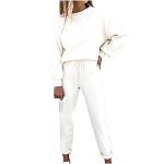 TIMIFIS Womens Sets 2 Piece Outfits Comfy Travel Lounge Set Long Sleeve Crewneck Sweatsuits Casual Drawstring Sweatpants, White, X-Large