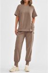PRETTYGARDEN Women's Summer 2 Piece Outfit Tracksuits Casual Short Sleeve Tops High Waisted Sweatpants Set (Khaki,Large)