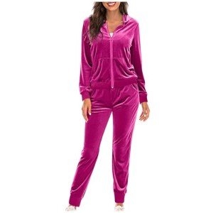 YMADREIG Womens Velvet Two Piece Sets Casual Velour Tracksuit Set Full Zip Hoodies Sweatshirt and Jogger Pants Lounge Outfits, A04-hot Pink, X-Large