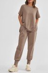 PRETTYGARDEN Women's Summer 2 Piece Outfit Tracksuits Casual Short Sleeve Tops High Waisted Sweatpants Set (Khaki,Large)