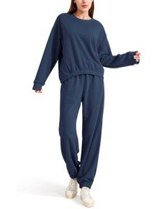 EYZH Women 2 Piece Outfits Long Sleeve Pullover Sweatshirts Drawstring Pant Jogger Set Casual Sweatsuits Tracksuit Pockets, Navy Blue, X-Large