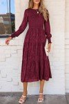 Wine Red Floral Long Sleeve Midi Dress