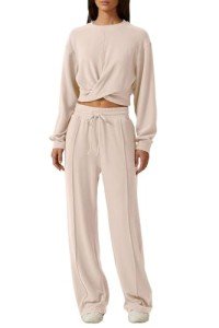 QINSEN Women 2 Piece Outfits Sweatsuit Set Twist Front Cropped Sweatshirt Wide Leg Sweatpant Lounge Set Tracksuit, Beige, Small