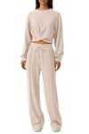QINSEN Women 2 Piece Outfits Sweatsuit Set Twist Front Cropped Sweatshirt Wide Leg Sweatpant Lounge Set Tracksuit, Beige, Small