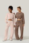 QINSEN Women 2 Piece Outfits Sweatsuit Set Twist Front Cropped Sweatshirt Wide Leg Sweatpant Lounge Set Tracksuit, Beige, Small
