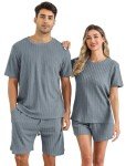 EISHOPEER Ribbed Knit 2 Piece Lounge Sets Short Matching Outfits Loungewear Pajamas Sleepwear Sweatsuit Tracksuit Blue Grey Medium