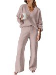 ANRABESS Women 2 Piece Outfits Sweater Lounge Sets Long Sleeve Cable Knit Pullover and Wide Leg Pants Tracksuit Matching Set, Camel, Medium