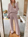 ANRABESS Women 2 Piece Outfits Sweater Lounge Sets Long Sleeve Cable Knit Pullover and Wide Leg Pants Tracksuit Matching Set, Camel, Medium