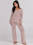 ANRABESS Women 2 Piece Outfits Sweater Lounge Sets Long Sleeve Cable Knit Pullover and Wide Leg Pants Tracksuit Matching Set, Camel, Medium