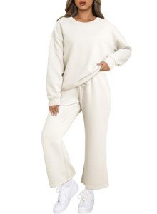 SHEWIN Two 2 Piece Outfits Sweat Suit Lounge Sets for Women Casual Long Sleeve Crewneck Pullover Sweatshirt Matching Loungewear Pants Loose Pajama Tracksuit Fall Outfit White XL