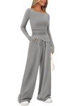 PRETTYGARDEN Women's 2 Piece Lounge Sets Asymmetrical Long Sleeve T Shirt Wide Leg Pants Casual Outfits Tracksuit (Grey,Medium)