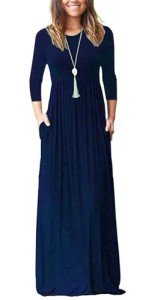 Navy Blue 3/4 Sleeve Maxi Dress with Pockets