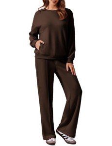 PINSPARK Two Piece Sets for Women Long Sleeve Crewneck Sweatshirts Athletic Straight Leg Lounge Set Tracksuit Outfits Fall 2024 Espresso L