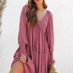 R.Vivimos Long Sleeve Flowy Maxi Dress - Dark Pink