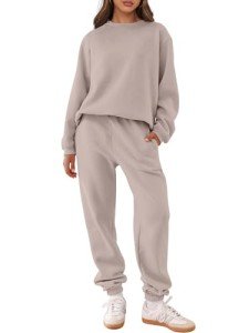 ANRABESS Women's Two Piece Outfits Lounge Set Long Sleeve Crewneck Sweatshirt Jogger Pants Tracksuit Sweatsuit 2024 Fall Sets, Light Khaki, Medium