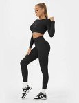 Buttergene Women Workout Sets 2 Pieces Long Sleeve Yoga Outfits Gym Clothes Seamless Ribbed Crop Top High Waist Leggings