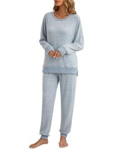 Famulily Womens 2 Piece Workout Sets Winter Outfits Crewneck Split Hem Tops with Yoga Joggers Pant Blue L