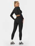 Buttergene Women Workout Sets 2 Pieces Long Sleeve Yoga Outfits Gym Clothes Seamless Ribbed Crop Top High Waist Leggings