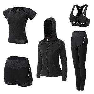 Nesyd Workout Sets for Women 5 Pieces Yoga Exercise Fitness Gym Outfits Running Athletic Clothes Tracksuits Activewear Set (Black A, S)