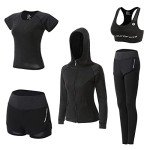 Nesyd Workout Sets for Women 5 Pieces Yoga Exercise Fitness Gym Outfits Running Athletic Clothes Tracksuits Activewear Set (Black A, S)