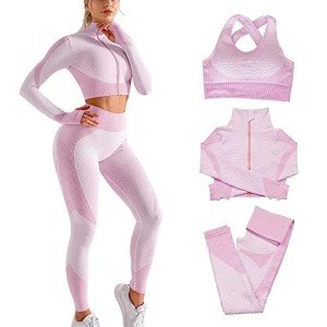 Veriliss 3pcs Seamless Outfit Workout Sets Gym for Women, Fitness Sports School Running Clothes Yoga Sportswear (Pinkpurple M)