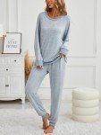 Famulily Womens 2 Piece Workout Sets Winter Outfits Crewneck Split Hem Tops with Yoga Joggers Pant Blue L