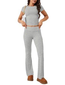 M_Eshop 2 Piece Set Women Outfit Lounge Sets Skims Short Sleeve Top And Flare Leggings Fold Over Yoga Pants Pajamas Set (CA/US, Alpha, Small, Regular, Regular, Light Gray)