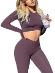 Danysu Gym Sets for Women 2 Piece Cross Waist Workout Clothes Long Sleeve Crop Tops Scrunch Butt Leggings Matching Outfits Dusty Purple S