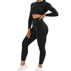 Womens Workout Sets 2 Pieces Outfits Seamless Long Sleeve Crop Tops Tummy Control Leggings Tracksuit Sweatsuits Sets