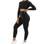 Womens Workout Sets 2 Pieces Outfits Seamless Long Sleeve Crop Tops Tummy Control Leggings Tracksuit Sweatsuits Sets