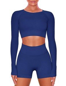 Buttergene Women Workout Sets 2 Pieces Long Sleeve Yoga Outfits Gym Clothes Seamless Ribbed Crop Top High Waist Leggings