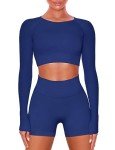 Buttergene Women Workout Sets 2 Pieces Long Sleeve Yoga Outfits Gym Clothes Seamless Ribbed Crop Top High Waist Leggings